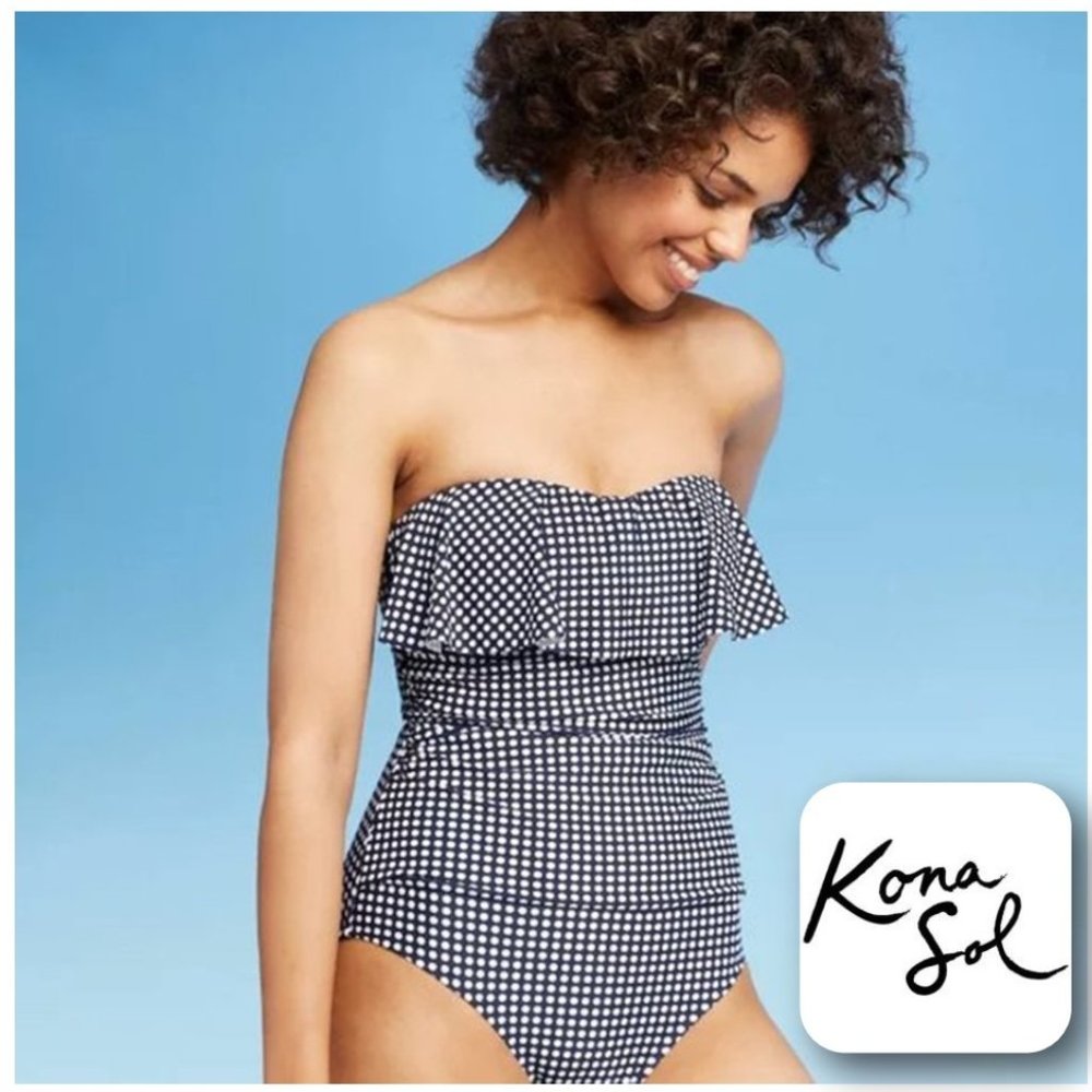 KONA SOL Women's Polka Dot Flounce One Piece Swimsuit NEW WITH TAGS!